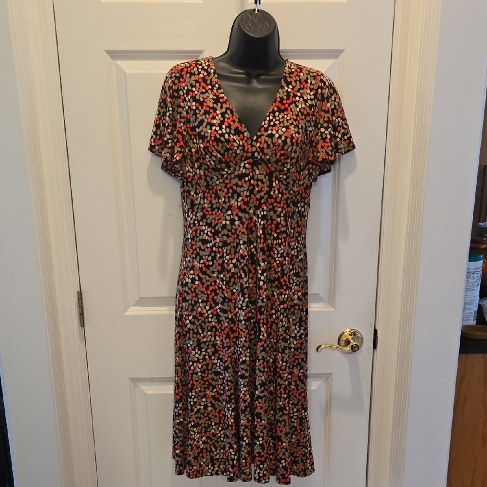Chaps Midi Dress M Bias Cut Short Flutter Sleeve Retro Polka Dot Print V-Neck
